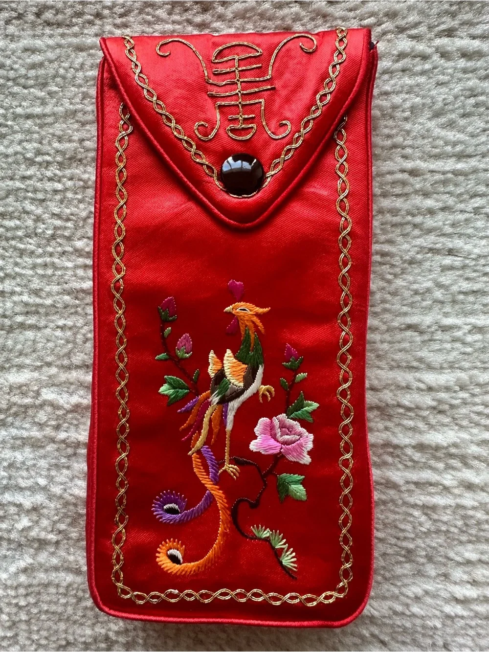 Oriental Embroidered Red Satin Fabric Eyeglass Case
